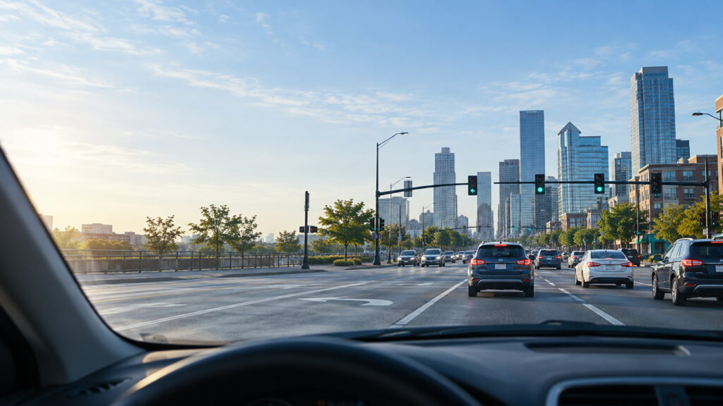 Dashcam view of city traffic